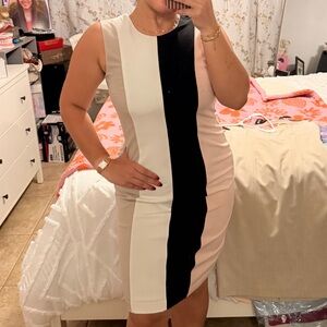 Calvin Klein Black and Cream Colorblock Midi Dress